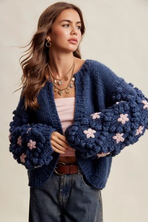 Bea Ann Hand Knit Floral Bobble Sleeve Cardigan