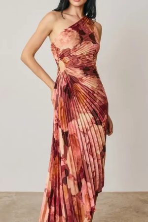 Augusta Floral Asymmetrical Pleated Maxi Dress