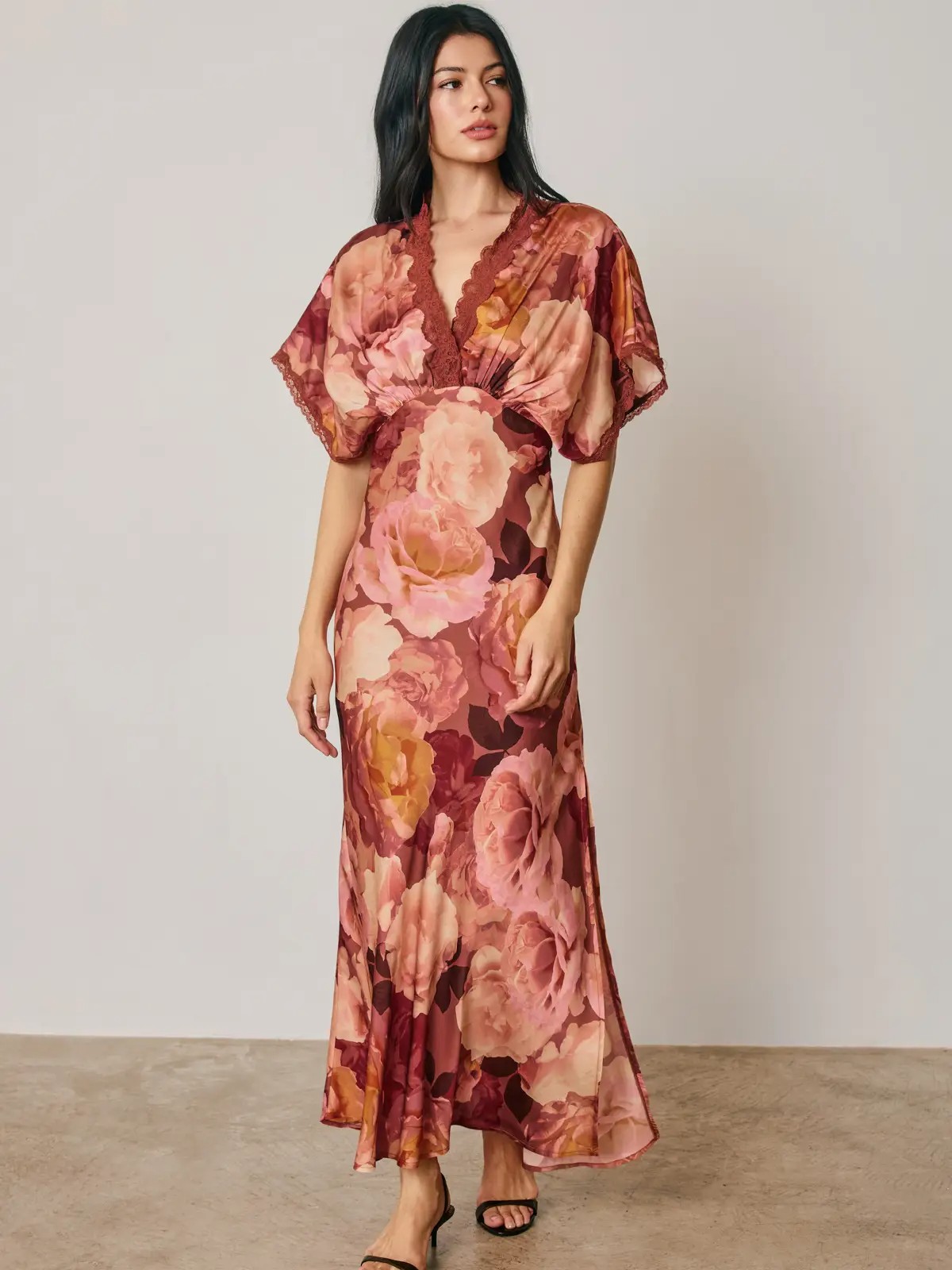 Grayson Floral Lace Trim Blouson Maxi Dress