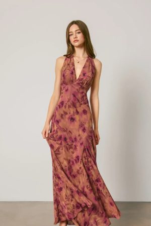 Shirley Floral Chiffon Halter Godet Maxi Dress