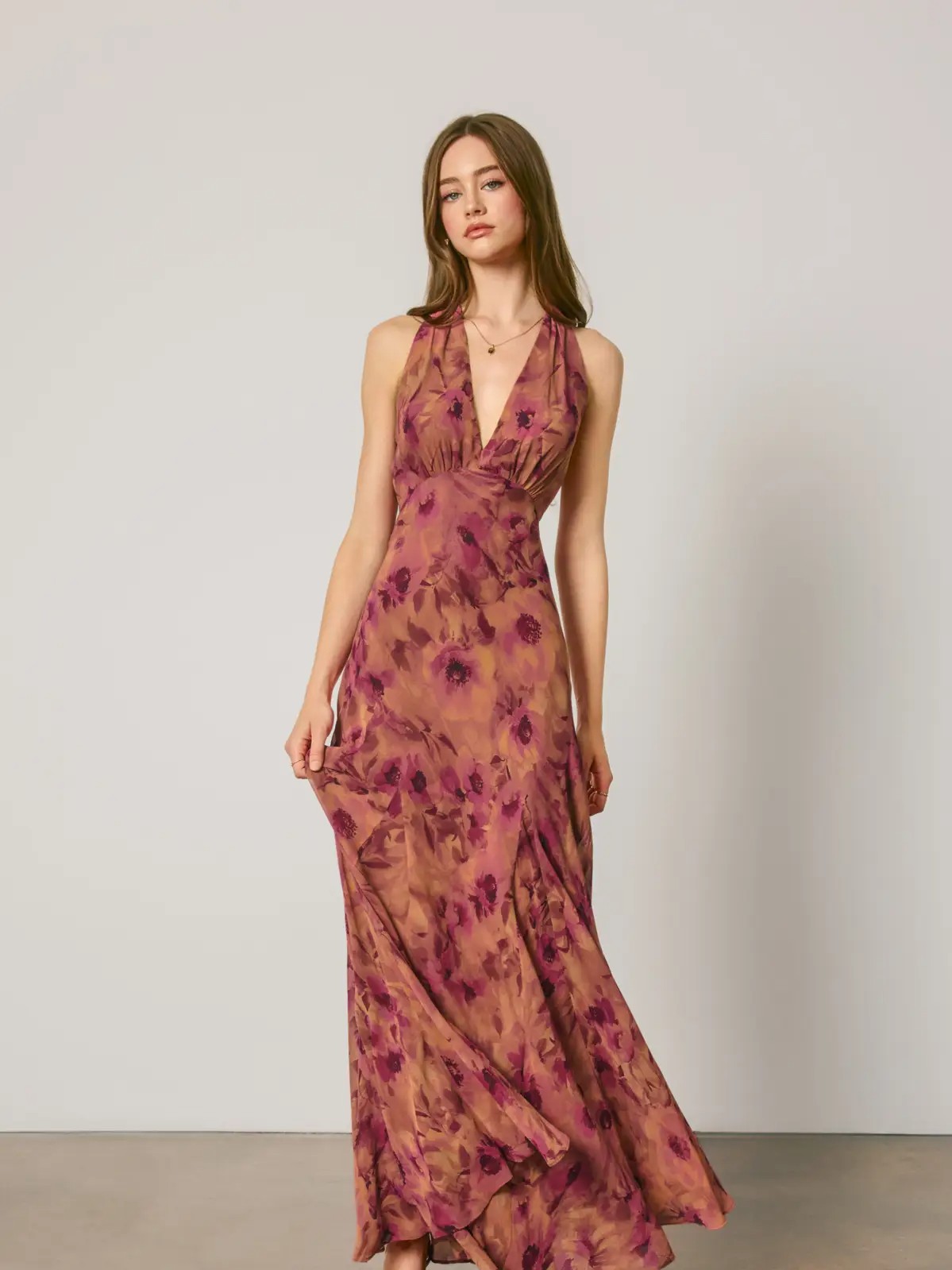 Shirley Floral Chiffon Halter Godet Maxi Dress