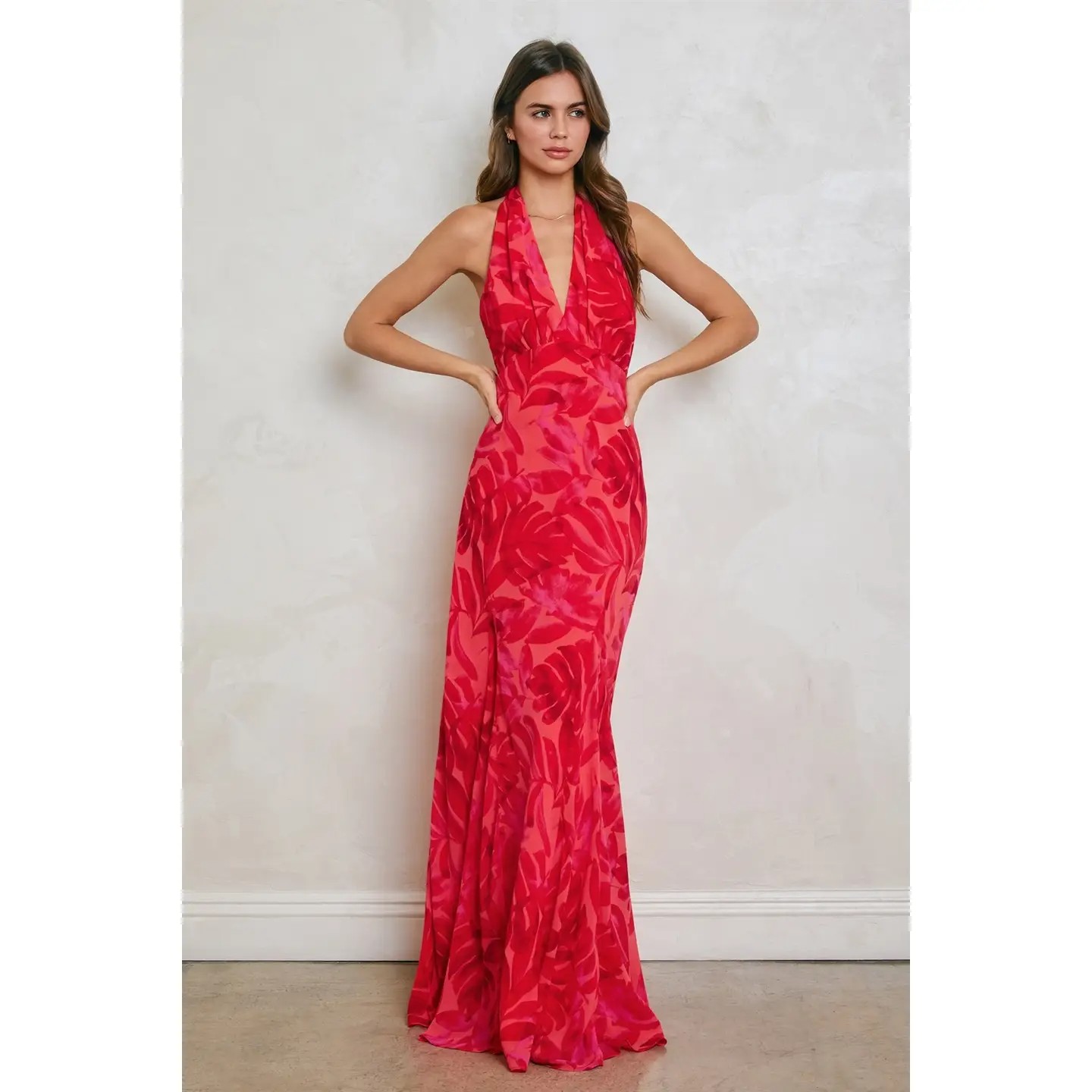 Fuchsia Halter Godet Maxi Dress