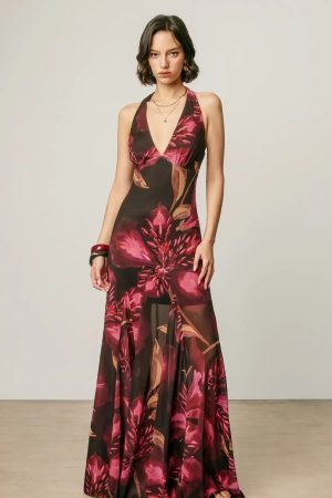 Dahlia Floral Mesh Halter Flared Maxi Dress