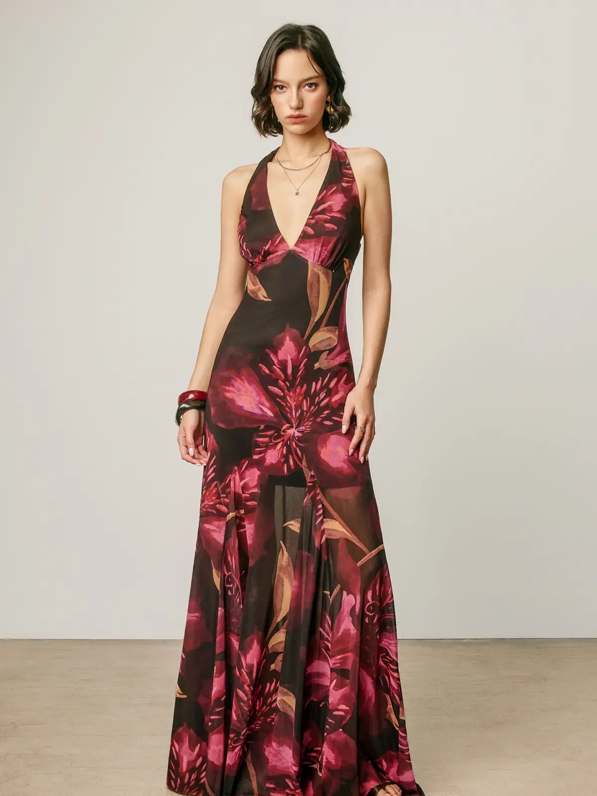Dahlia Floral Mesh Halter Flared Maxi Dress