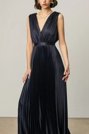 Navia Pleated Satin V Neck Maxi Dress