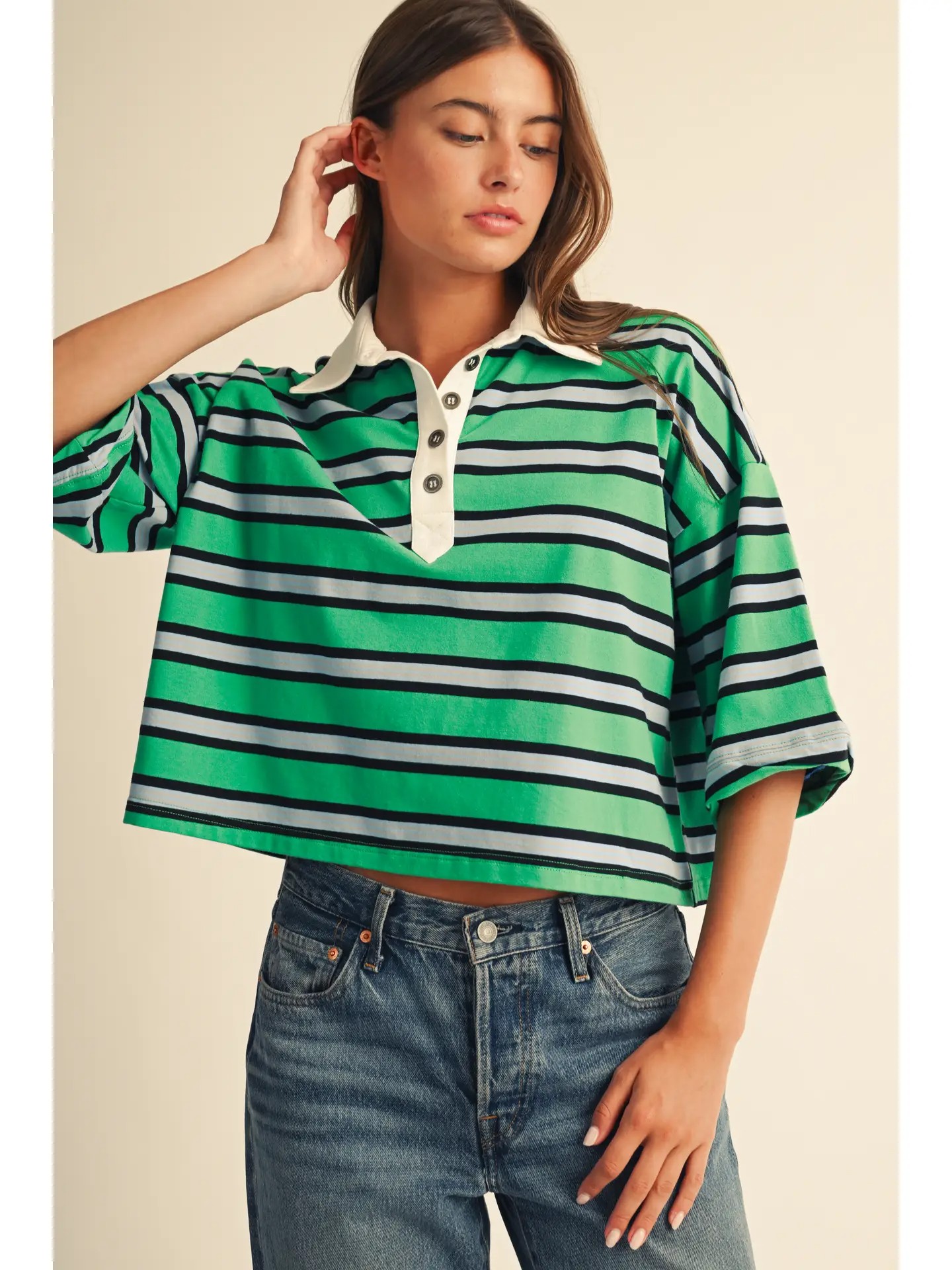 Abigail Oversized Striped Rugby Polo Top Tee