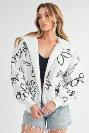 Ivory floral sherpa-lined zip-up hoodie