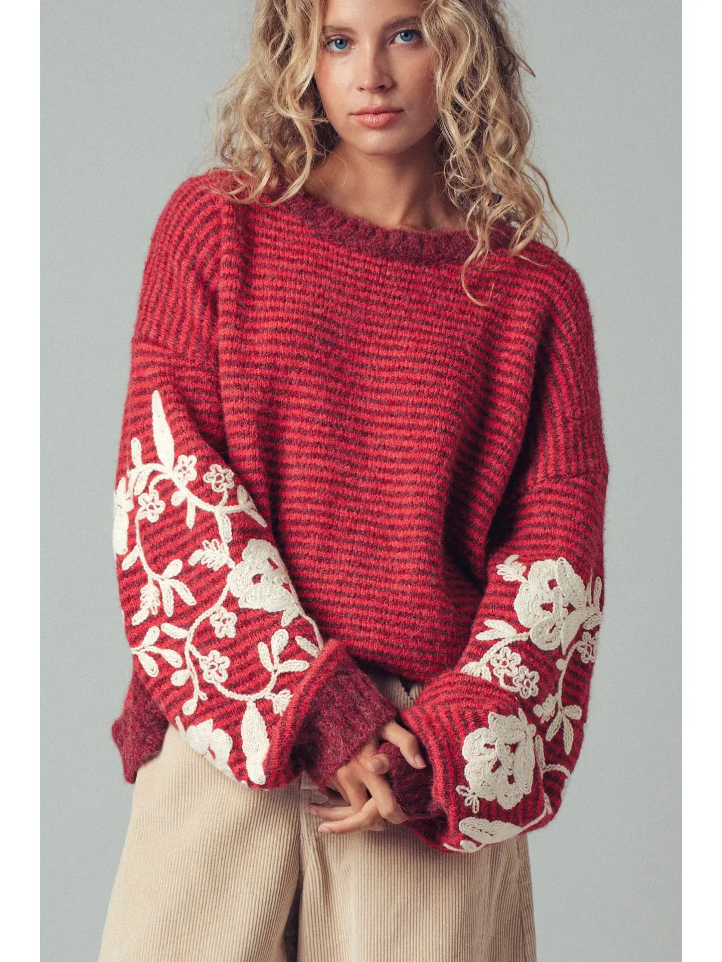 Urbana Floral Embroidered Striped Knit Sweater