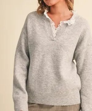 Clarice Anne Lace Ruffle Trim V Neck Sweater