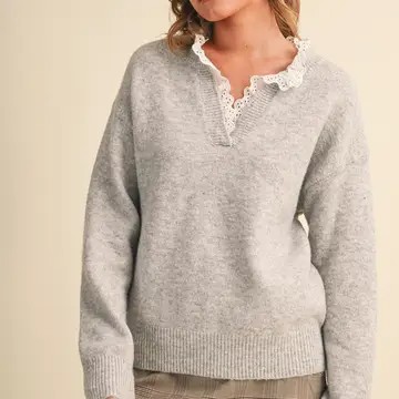 Clarice Anne Lace Ruffle Trim V Neck Sweater