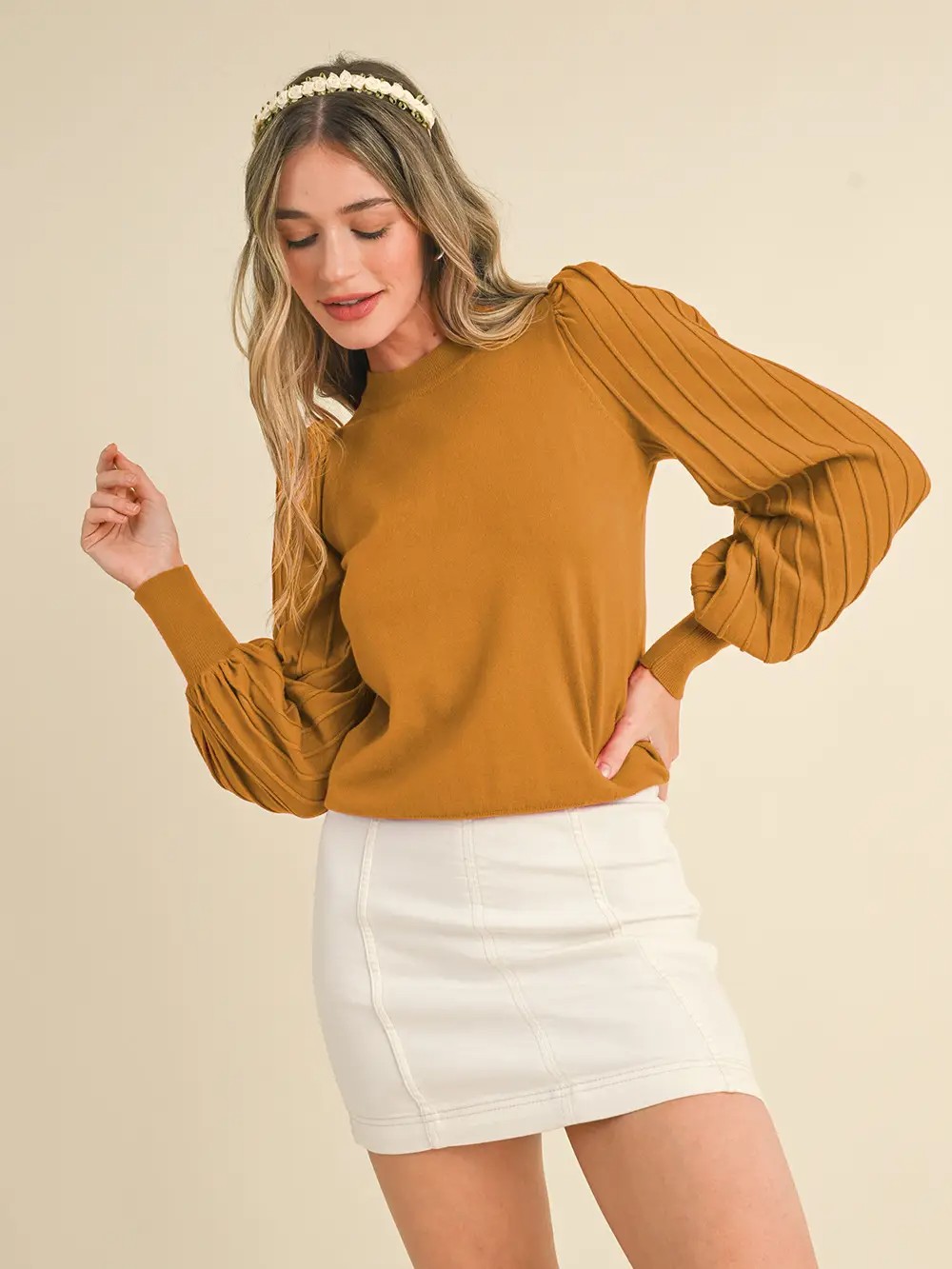 Ally Stripe Texture Puff Sleeve Sweater