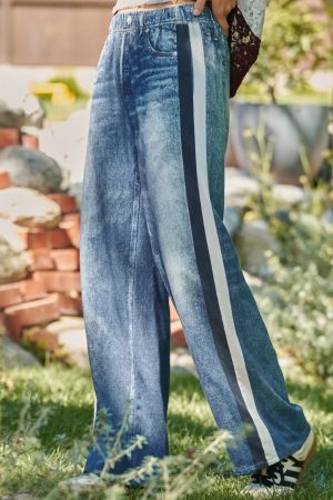 Susie Wide Leg Faux Denim Print Track Pants with Side Stripes