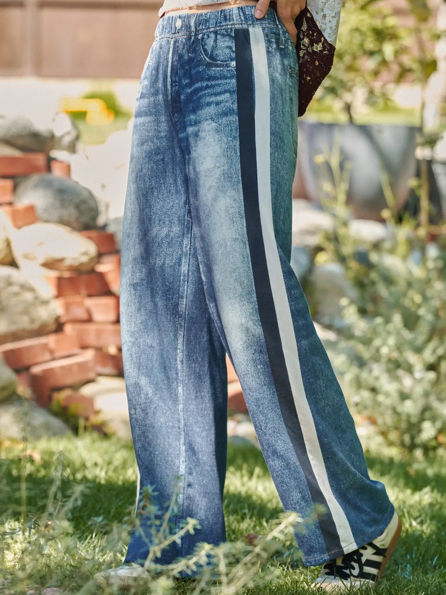 Susie Wide Leg Faux Denim Print Track Pants with Side Stripes