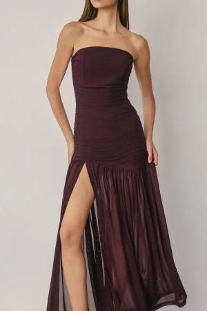 Cherry Strapless Ruched Mesh Maxi Dress