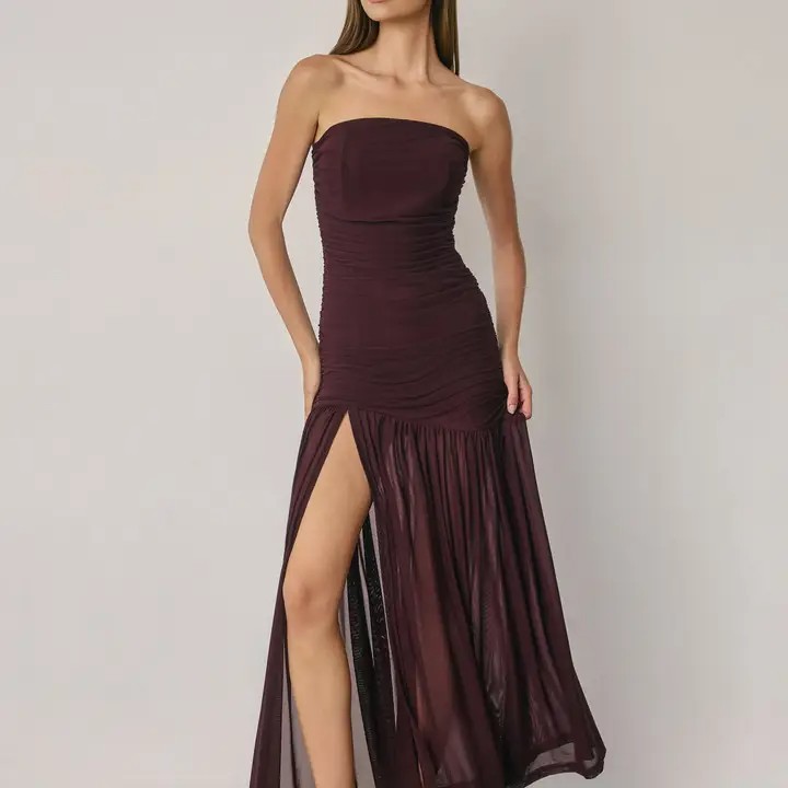 Cherry Strapless Ruched Mesh Maxi Dress