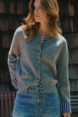 Tess Plaid Trim Layered Button Cardigan Sweater