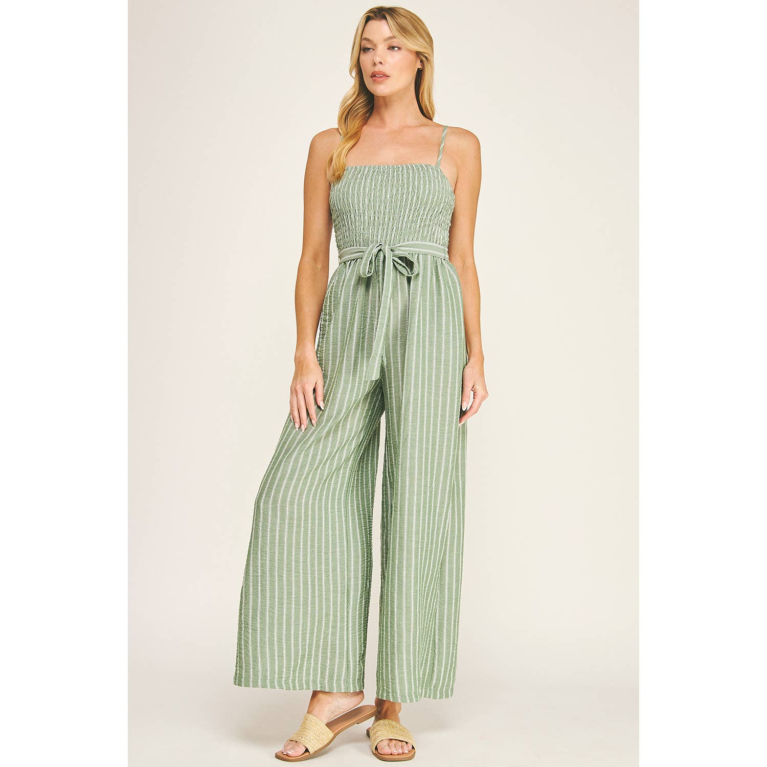 COMFREY STRIPE SMOCKED WIDE LEG JUMPSUIT