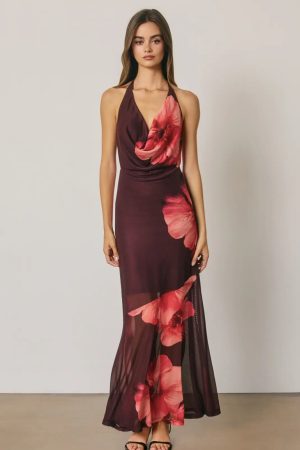Casey Floral Mesh Halter Cowl Neck Maxi Dress