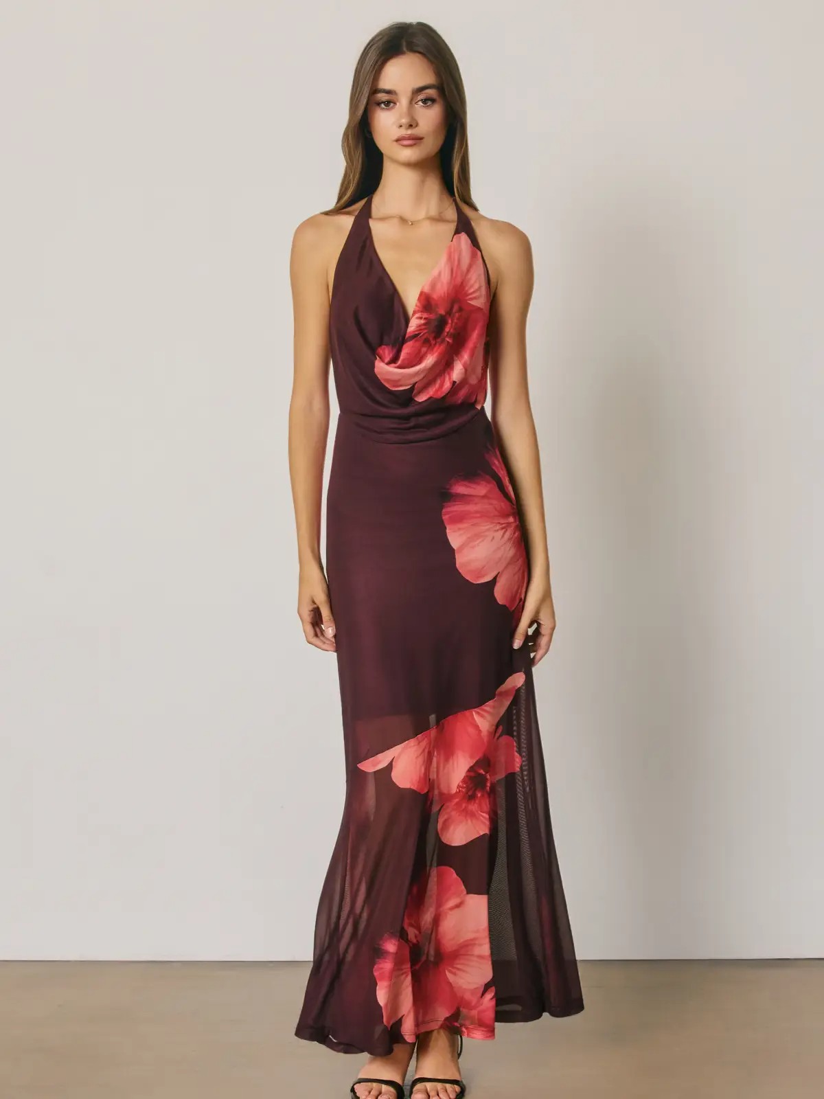 Casey Floral Mesh Halter Cowl Neck Maxi Dress